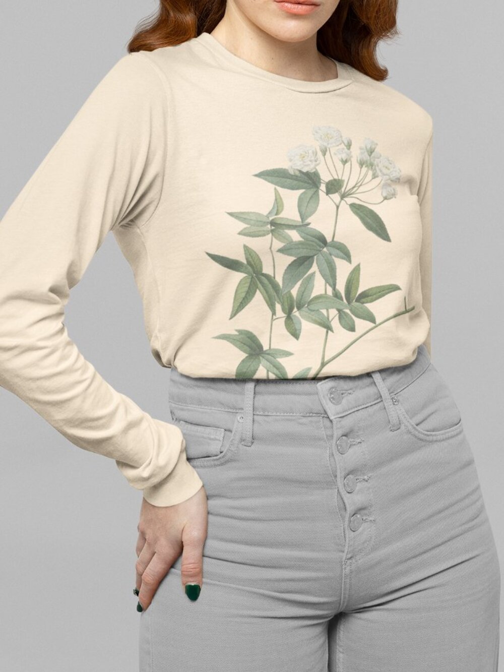 Rose Vintage Floral Print Long Sleeve Graphic Tee T-shirt S-XXL